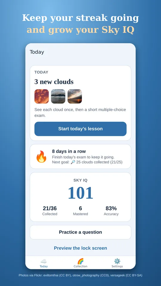 Today screen with an 8-day streak and a Sky IQ of 101