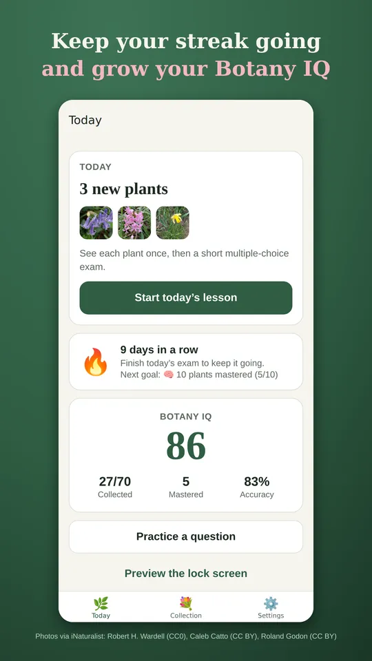 Today screen with a 9-day streak and a Botany IQ of 86